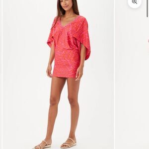 Trina Turk pink orange trellis v neck tunic cover up XL